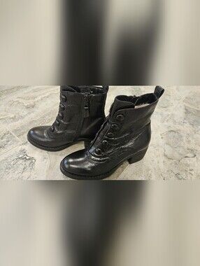 Miz Mooz Black Leather Button-Front Ankle Booties.